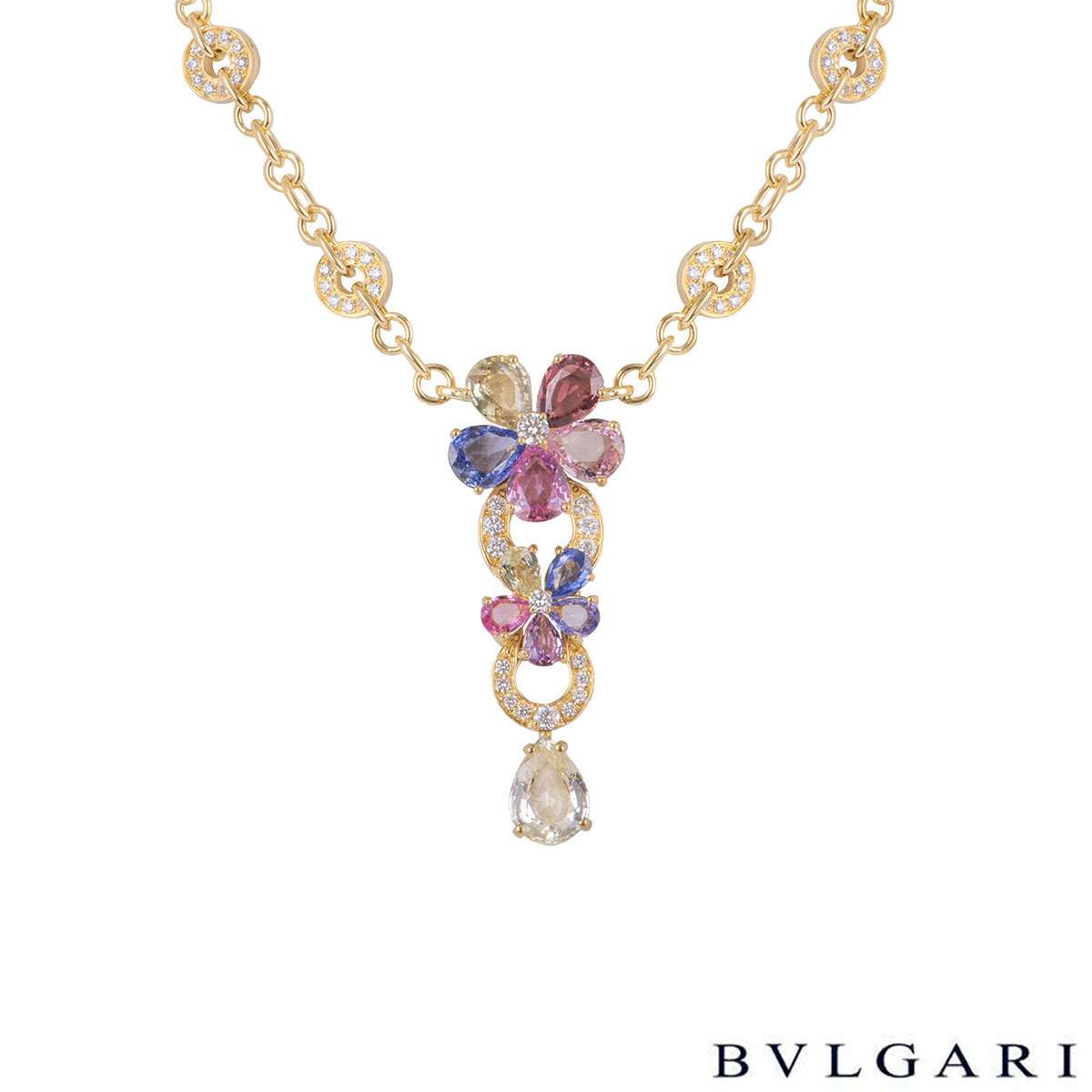 Bvlgari Yellow Gold Diamond Sapphire Flower Necklace | Rich Diamonds